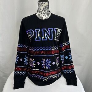 PINK Victoria's Secret Shirt Women's Sz S Sequin Holiday Snowflake Long Sleeve